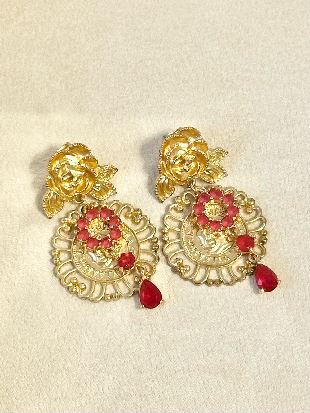 Vintage Ornate Rose Ruby Coin Drop Earrings Gold-tone